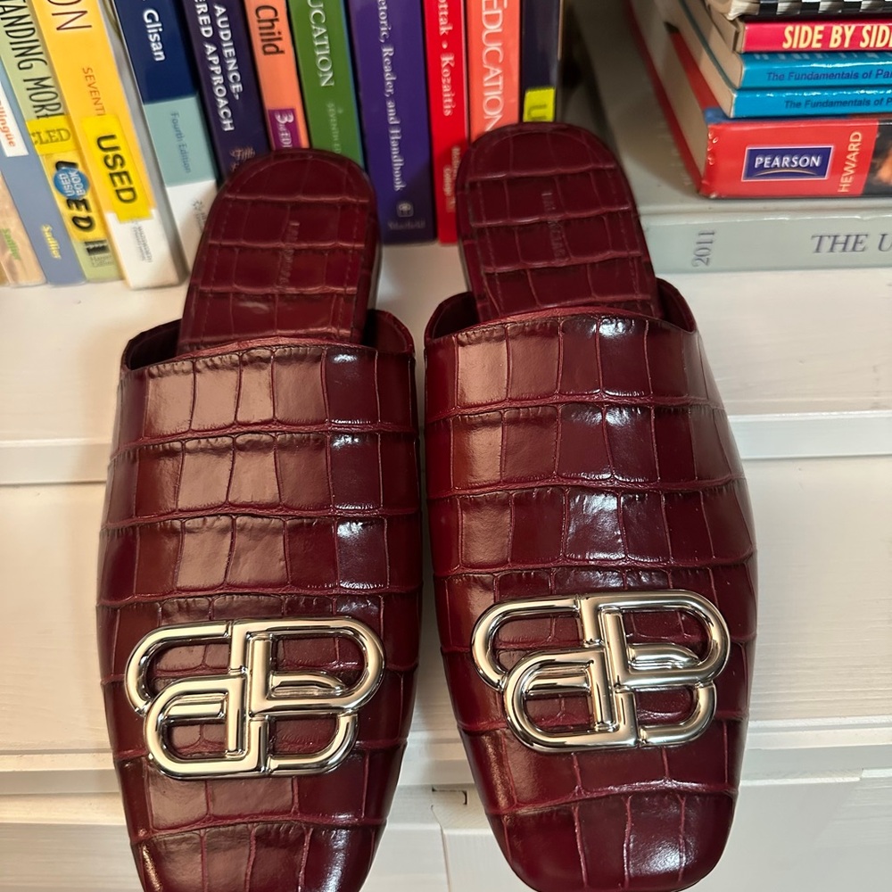 Balenciaga Burgundy Croc-Embossed Leather Slide Mules with Silver BB Logo